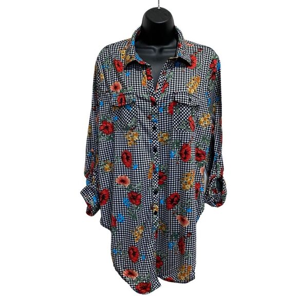 Passport Plus Checkered Floral Tie Front Button Down Shirt Blouse Plus Sz 2X - Picture 2 of 8